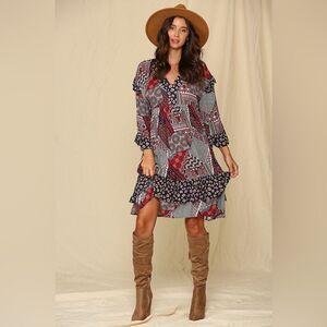 Three Bird Nest Patchwork Dress - Red, Blue, Black